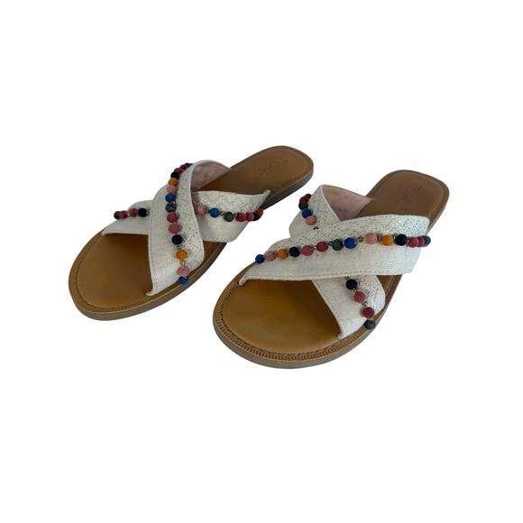 TOMS Canvas Slides Size 6 Colorful Pom Pom Detail Sandals - Picture 4 of 7